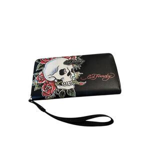 Ed Hardy Black Leather Wristlet with Skull and Roses Design